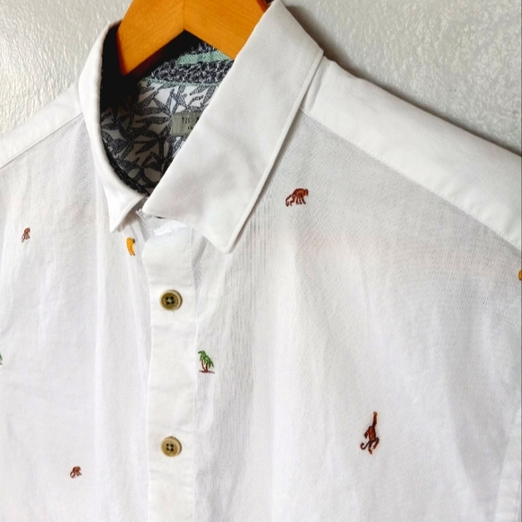 Ted Baker London Monkie Monkey Embroidery Short Sleeve Shirt Palms Bananas L - Picture 6 of 13